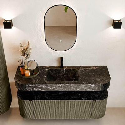 MONDIAZ THOR-DLUX Meuble de salle de bains - 140cm - arrondi gauche + droite - couleur Shadow - 1 tiroir et 2 portes - Vasque suspendue CLOUD Milieu 1 trou de robinet couleur Lava