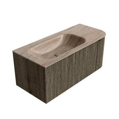 MONDIAZ KURVE-DLUX Meuble de salle de bains 105cm arrondi à droite couleur Shadow avec 1 tiroir et 1 porte. Lavabo BIG SMALL à gauche 1 trou de robinet Saba.