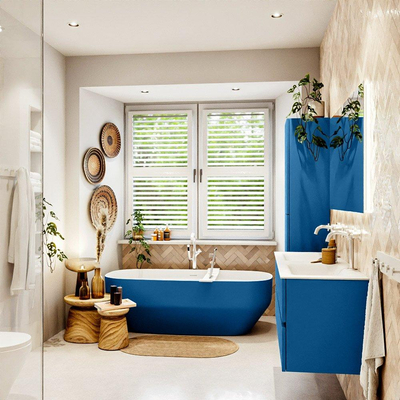 Mondiaz VICA ensemble de meuble de salle de bain - 130cm - meuble sous-vasque jeans - 2 tiroirs - lavabo cloud double - 2 trous de robinet - couleur talc - miroir LED - version XL 60cm de haut