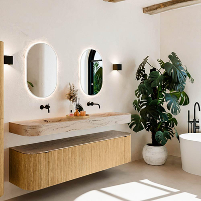 MONDIAZ THOR-DLUX 180cm meuble de salle de bains arrondi gauche + droite couleur Oak avec 2 tiroirs et 2 portes. Vasque suspendue CLOUD Double sans trou de robinet couleur Arena.