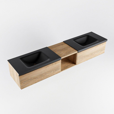 MONDIAZ BUKLA 200cm meuble de salle de bain avec module ouvert 40 couleur Chêne blanchi avec 2 tiroirs. Lavabo CLOUD double 0 trou de robinet couleur Urbain.