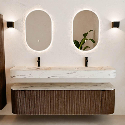 MONDIAZ THOR-DLUX Meuble de salle de bains 170cm arrondi gauche + droite couleur Walnut avec 1 tiroir et 2 portes. Vasque suspendue CLOUD Double 2 trous de robinet couleur Nata.