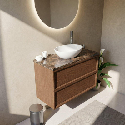 Saniclass Holz Frame Ensemble de meubles de salle de bains - 100x45x63cm - Plan de toilette en pierre naturelle Noche dark emperador - 1 trou de robinetterie - 2 tiroirs - walnut pure mat (bois)