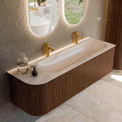 MONDIAZ KURVE-DLUX 145cm badmeubel ronding Links kleur Walnut met 1 lade en 1 deur. Wastafel BIG LARGE Rechts 2 kraangaten Meli.