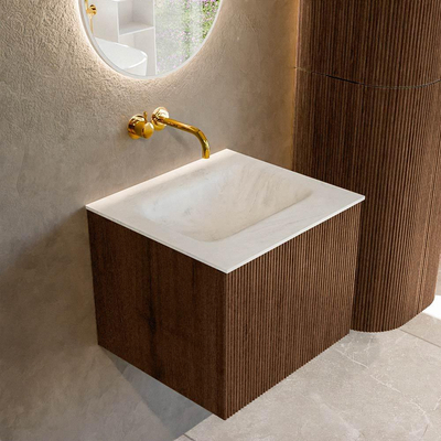 MONDIAZ KURVE-DLUX 50cm badmeubel kleur Walnut met 1 lade. Wastafel GRUNNE midden zonder kraangat kleur Opalo.