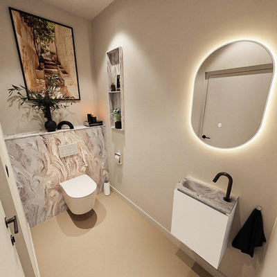MONDIAZ TURE-DLUX Meuble de toilettes 40 cm Talc. Lavabo EDEN Glace position gauche. Avec 1 trou de robinet.