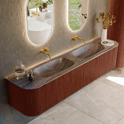 MONDIAZ KURVE-DLUX 200cm meuble de salle de bains arrondi Gauche + Droite couleur Ruby avec 2 tiroirs et 2 portes. Lavabo STOR SMALL Double sans trou de robinet Oza.