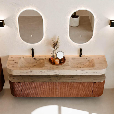 MONDIAZ THOR-DLUX 190cm meuble de salle de bains arrondi gauche + droite couleur Ruby avec 2 tiroirs et 2 portes. Vasque suspendue CLOUD Double 2 trous de robinet couleur Arena.