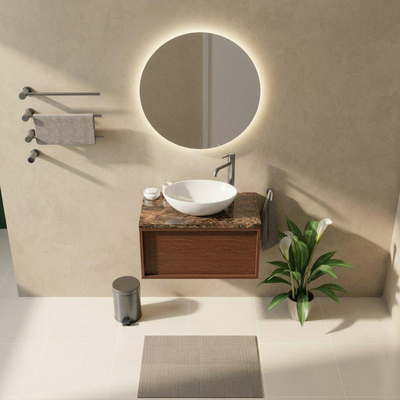 Saniclass Holz Frame Ensemble meuble de salle de bains - 80x45x43cm - plan de travail en pierre naturelle Noche dark emperador - 1 trou de robinetterie - 1 tiroir - noyer pur mat (bois)