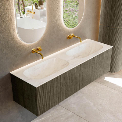 Mondiaz KURVE-DLUX Badkamermeubelset - 150x46x40cm - 2 lade - wastafel solid surface - dubbel - zonder kraangat - Shadow