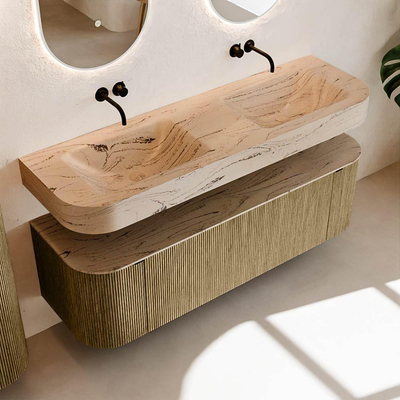 MONDIAZ THOR-DLUX 150cm meuble de salle de bains arrondi gauche + droite couleur Dusk avec 1 tiroir et 2 portes. Vasque suspendue CLOUD Double sans trou de robinet couleur Arena.