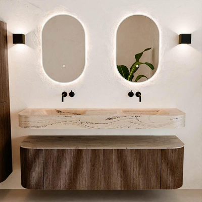 MONDIAZ THOR-DLUX 160cm meuble de salle de bains arrondi gauche + droite couleur Walnut avec 1 tiroir et 2 portes. Vasque suspendue CLOUD Double sans trou de robinet couleur Arena.