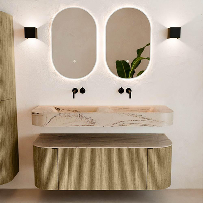 MONDIAZ THOR-DLUX 130cm meuble de salle de bains arrondi gauche + droite couleur Dusk avec 1 tiroir et 2 portes. Vasque suspendue CLOUD Double sans trou de robinet couleur Arena.