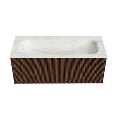 MONDIAZ KURVE-DLUX Meuble de salle de bains 110 cm couleur Walnut avec 1 tiroir. Vasque BIG MEDIUM centrale sans trou de robinet couleur Ostra.
