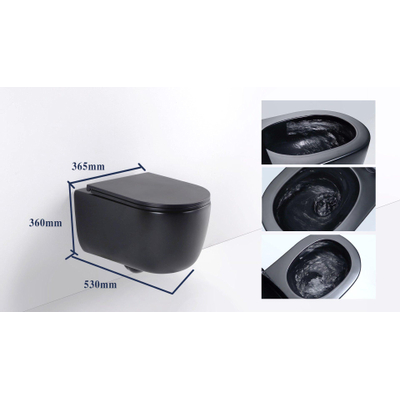 QeramiQ Dely Swirl hangtoilet – spoelrandloos – diepte 53 cm – met slim softclose zitting – mat zwart