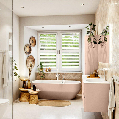 Mondiaz VICA ensemble de meuble de salle de bain - 140cm - meuble sous-vasque rosee - 4 tiroirs - lavabo moon droite - 1 trou de robinet - version haute de 60cm - talc