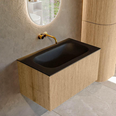 MONDIAZ KURVE 80cm badmeubel kleur Oak met 1 lade. Wastafel BIG SMALL midden zonder kraangat Urban.