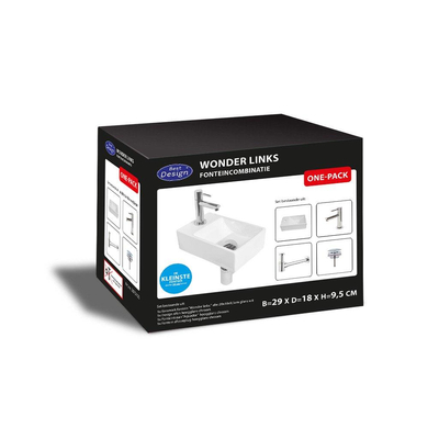 Best Design Wonder ensemble de lave-mains 29x18x9,5cm 1 trou de robinet à gauche avec robinet siphon et bonde céramique blanc