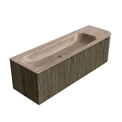 MONDIAZ KURVE-DLUX meuble de salle de bains 145cm arrondi à droite couleur Shadow avec 1 tiroir et 1 porte. Lavabo BIG LARGE à gauche 2 trous de robinet Saba.