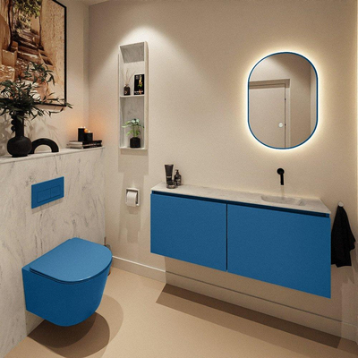 MONDIAZ TURE-DLUX Meuble WC 120 cm Jeans. Lavabo EDEN Opalo position droite. Sans trou de robinet.