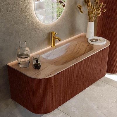 MONDIAZ KURVE-DLUX 120cm badmeubel ronding Links + Rechts kleur Ruby met 1 lade en 2 deuren. Wastafel BIG SMALL Midden 1 kraangat Saba.