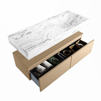 Mondiaz ALAN-DLUX Ensemble de meuble - 120cm - meuble Oro mat - 2 tiroirs - Lavabo Cloud Glace suspendu - vasque Droite - 0 trous de robinet