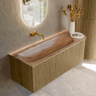 MONDIAZ KURVE-DLUX Meuble de salle de bains 125 cm arrondi à droite couleur Dusk avec 1 tiroir et 1 porte. Lavabo BIG MEDIUM à gauche sans trou de robinet Arena.