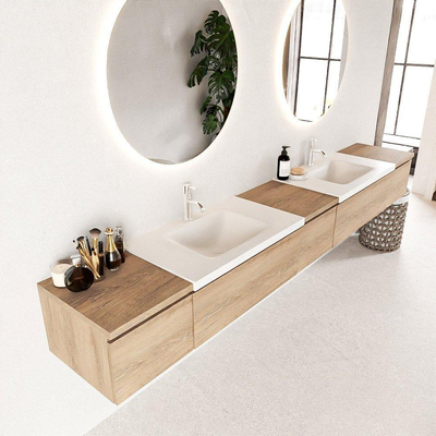 Mondiaz BUKLA badkamermeubelset 280x45x34cm 2 kraangaten 2 wasbakken solid surface Talc greeploos 5 lades met softclose Melamine Washed Oak