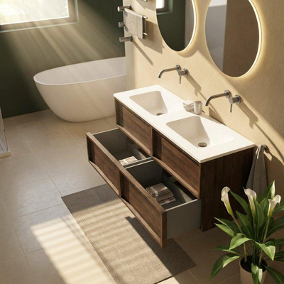 Saniclass Holz Frame Ensemble de meubles de salle de bains - 140x45x77.5cm - lavabo Torino en solid surface blanc - sans trou de robinet - 4 tiroirs - chêne charcoal mat (bois)