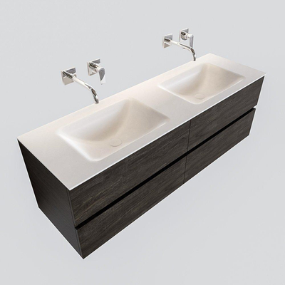 ENSEMBLE DE MEUBLE MONDIAZ VICA - 150 cm - 4 tiroirs - lavabo Cloud double - 0 trous de robinet - solid surface marron foncé