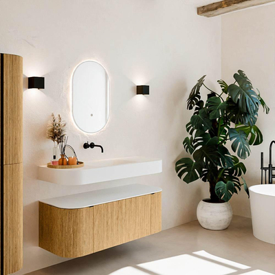 MONDIAZ THOR 120cm meuble de salle de bains arrondi gauche + droite couleur Oak avec 1 tiroir et 2 portes. Vasque suspendue CLOUD Milieu sans trou de robinet couleur Talc.