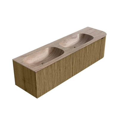 MONDIAZ KURVE-DLUX Meuble de salle de bains 165 cm arrondi à droite couleur Dusk avec 2 tiroirs et 1 porte. Lavabo STOR SMALL Double / gauche sans trou de robinet Saba.