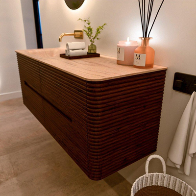 Mondiaz CIRO-DLUX Badkamermeubelset - 130x45x50cm - Solid surface wastafel Saba - 1 wasbak Links - zonder kraangaten - 4 lades - Ruby