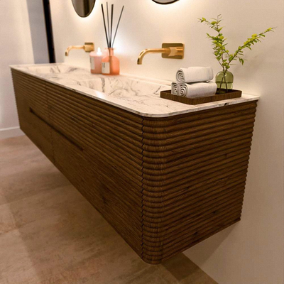 Mondiaz CIRO-DLUX Meuble de salle de bains - 190x45x50cm - Plan-vasque solid surface Glace - 2 vasques Double - sans trous de robinet - 4 tiroirs - Dusk