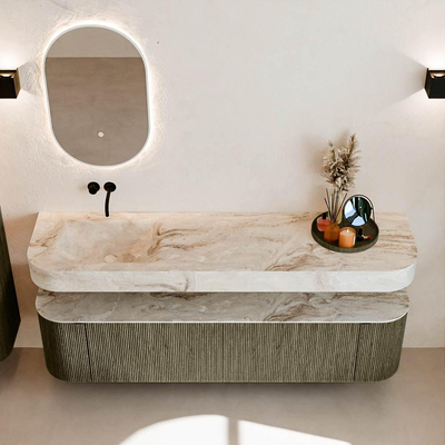 MONDIAZ THOR-DLUX 180cm meuble de salle de bains arrondi gauche + droite couleur Shadow avec 2 tiroirs et 2 portes. Vasque suspendue CLOUD Gauche sans trou de robinet couleur Frappe.