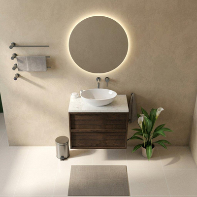 Saniclass Holz Frame Ensemble de meubles de salle de bains - 80x45x63cm - plan vasque en marbre Dia poli (blanc) - sans trou de robinetterie - 2 tiroirs - chêne charcoal mat (bois)