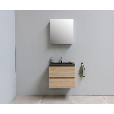 Basic Bella Meuble salle de bains avec lavabo acrylique Noir avec armoire toilette 1 porte gris 60x55x46cm 1 trou de robinet Chêne