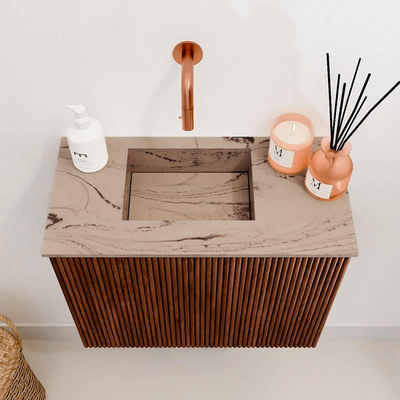 Mondiaz JOYA-DLUX 50cm toiletmeubel - kleur Ruby - Wastafel FAYE positie Links Zonder kraangat kleur Arena.