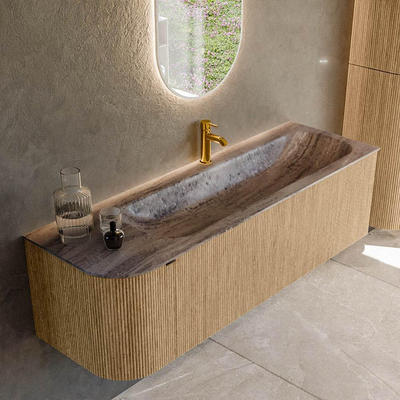MONDIAZ KURVE-DLUX 145cm badmeubel ronding Links kleur Oak met 1 lade en 1 deur. Wastafel BIG LARGE Rechts 1 kraangat Oza.