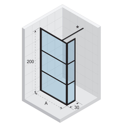 Riho Grid inloopdouche 100x200cm met 30cm zijwand zwart profiel en helder glas