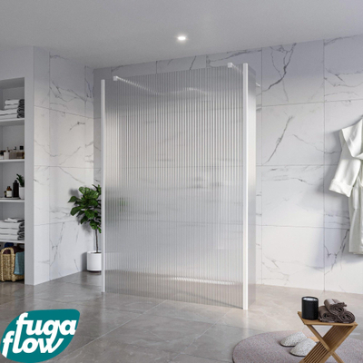 FugaFlow Eccelente Vetro Douche à l'italienne - 140x200cm - verre clair nervuré - anticalcaire - verre de sécurité 8mm - 2 parois latérales 40cm - avec bras muraux et profilés d'angle - Blanc mat