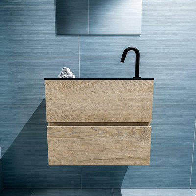 Mondiaz ADA Meuble lave-mains 60x30x50cm avec 1 trou pour robinet 2 tiroirs Washed oak mat Lavabo Lex Droite Solid Surface Noir