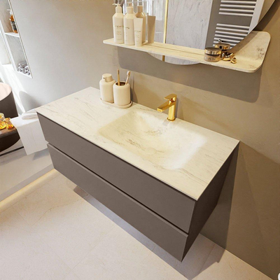 Mondiaz VICA-DLUX ensemble de meuble de salle de bain - 110cm - meuble sous-vasque fumée - 2 tiroirs - lavabo encastré nuage droite - 1 trou de robinet - version haute 60cm - opalo