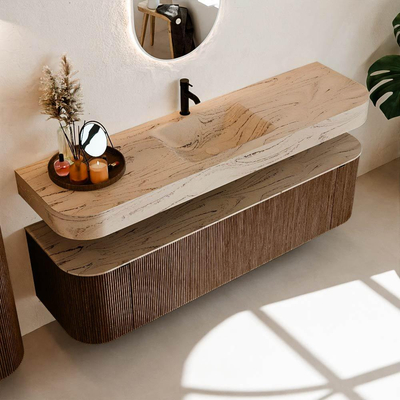 MONDIAZ THOR-DLUX 170cm meuble de salle de bains arrondi gauche + droite couleur Walnut avec 1 tiroir et 2 portes. Vasque suspendue CLOUD Milieu 1 trou de robinet couleur Arena.