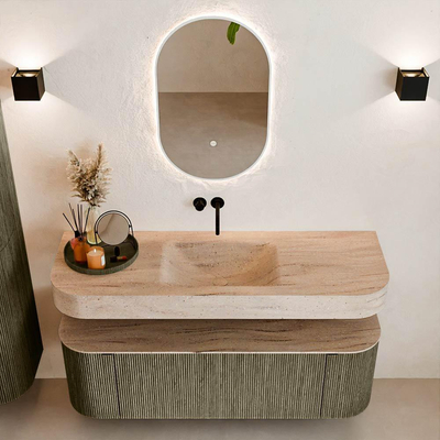 MONDIAZ THOR-DLUX 140cm meuble de salle de bains arrondi gauche + droite couleur Shadow avec 1 tiroir et 2 portes. Vasque suspendue CLOUD Milieu sans trou de robinet couleur Saba.