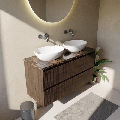 Saniclass Holz Atelier Ensemble de meubles de salle de bains - 120x45x63cm - Plan en pierre naturelle Noche dark emperador - sans trou de robinet - 2 tiroirs - chêne charcoal mat (bois)