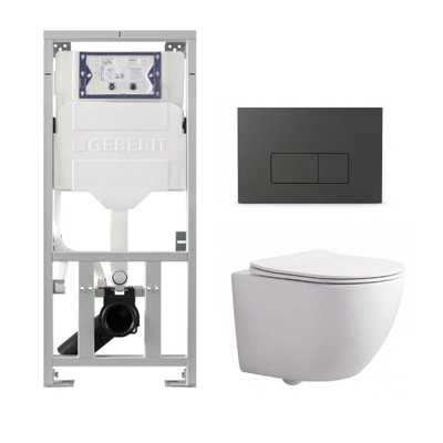 QeramiQ Dely Swirl Compact Toiletset - inbouwreservoir Geberit UP320 - met Burda frame - slim zitting - kunststof bedieningsplaat mat antraciet - rechthoekige knoppen - glans wit