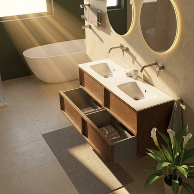 Saniclass Holz Frame Ensemble de meubles de salle de bains - 140x45x61.5cm - Vasque Flow en solid surface blanc - 2 vasques - sans trous de robinetterie - 4 tiroirs - walnut pure mat (bois)