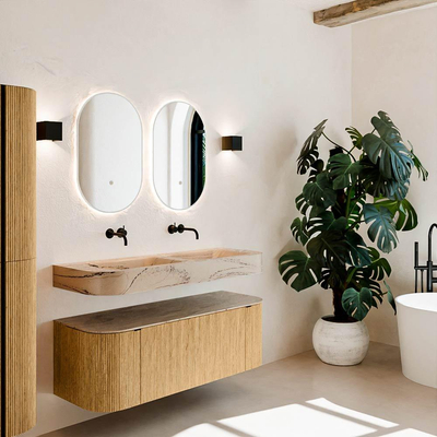 MONDIAZ THOR-DLUX 130cm meuble de salle de bains arrondi gauche + droite couleur Oak avec 1 tiroir et 2 portes. Vasque suspendue CLOUD Double sans trou de robinet couleur Arena.