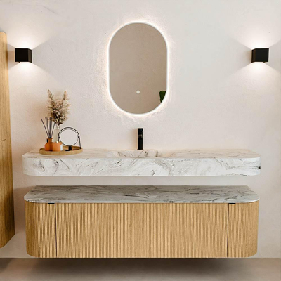 MONDIAZ THOR-DLUX Meuble de salle de bains 170cm arrondi gauche + droite couleur Oak avec 1 tiroir et 2 portes. Vasque suspendue CLOUD Milieu 1 trou de robinet couleur Glace.